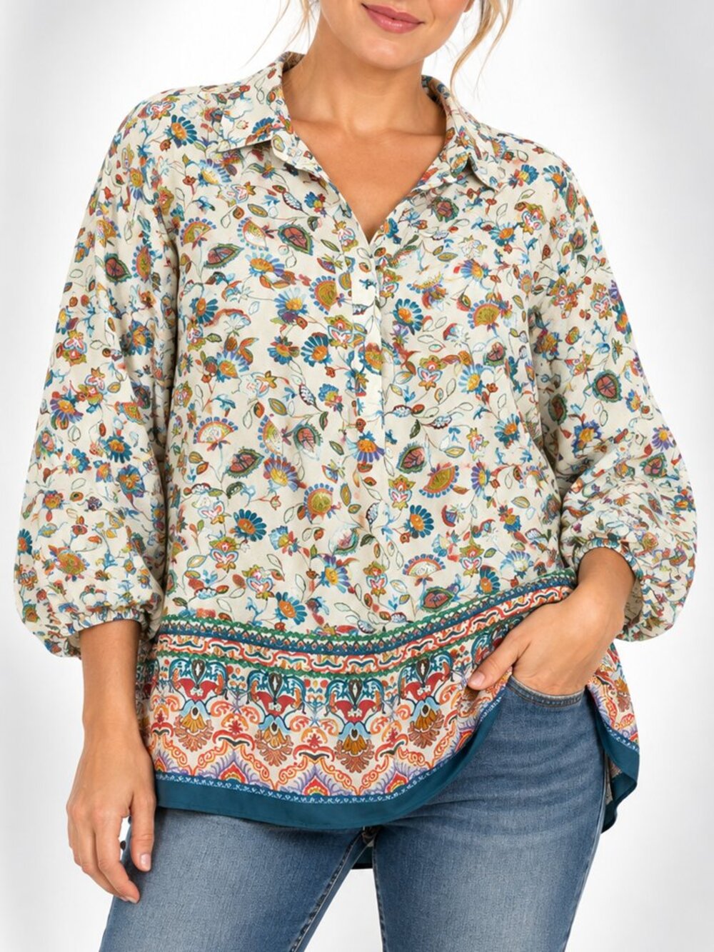 Cynthia Rowley 1X Floral Paisley Border Print Boho Tunic Blouse